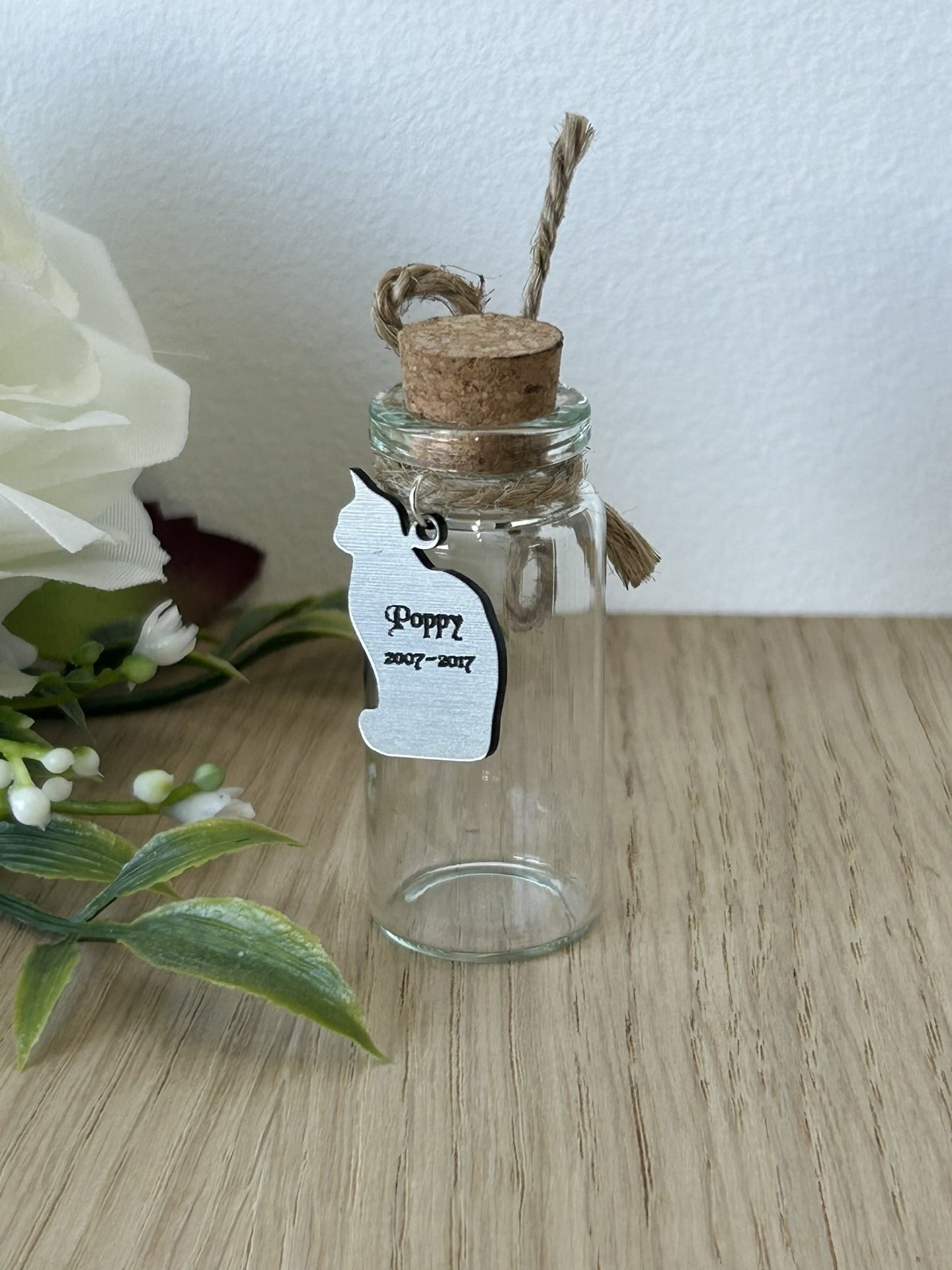 Personalised Cat Hair Memorial Keepsake Gift for hair fur or Ashes, Silver Effect