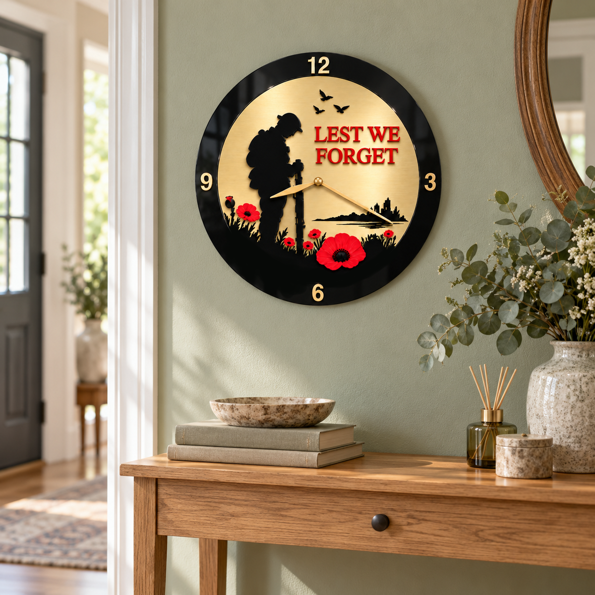 Lest We Forget Acrylic Poppy Remembrance Wall Clock 30cm