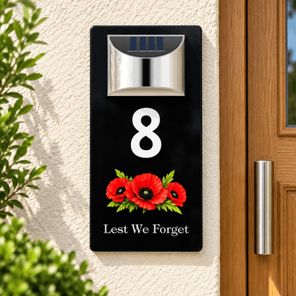 Personalised Solar House Number Sign – Lest We Forget or Your Own Image
