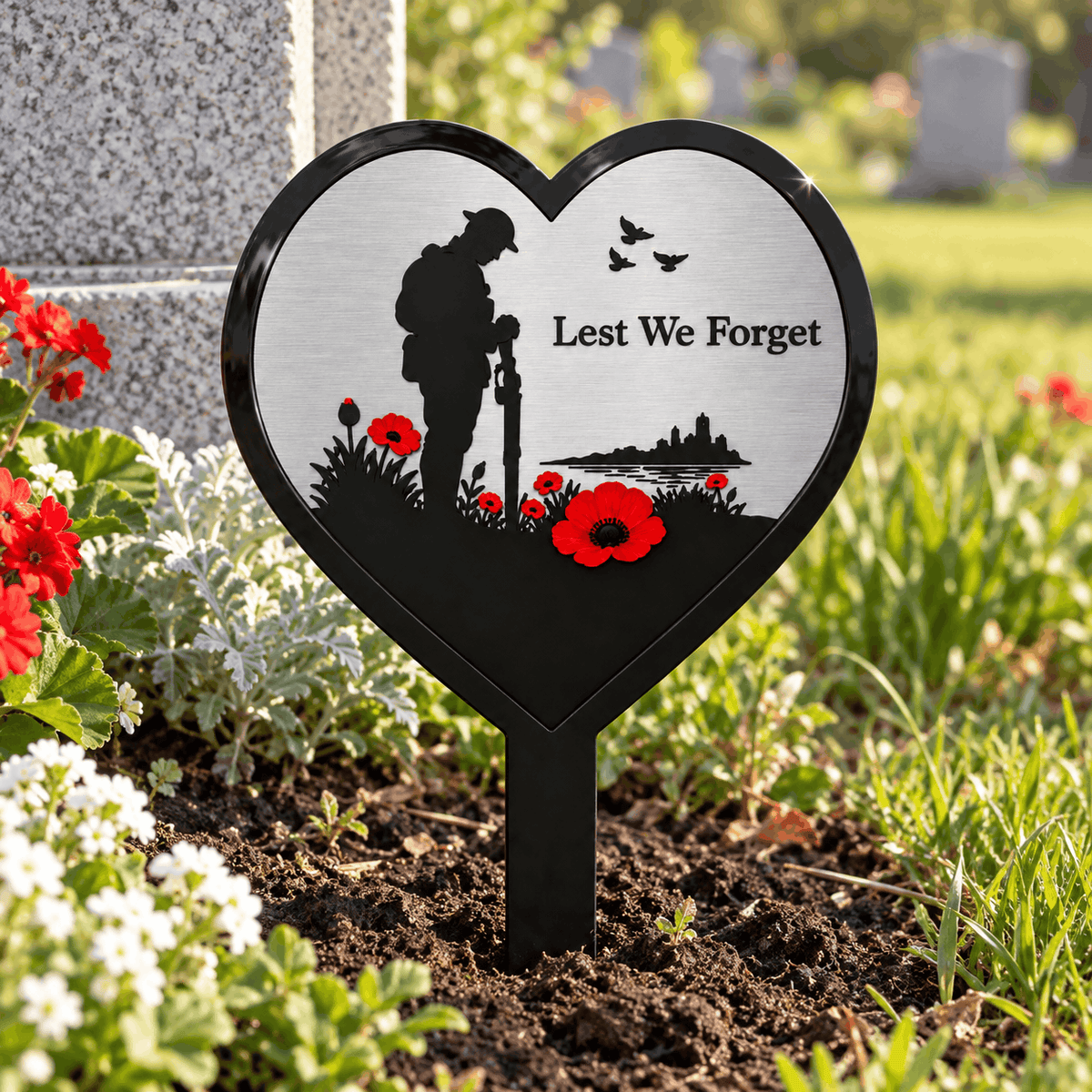 Silver Lest We Forget Heart Memorial Garden Plaque with Soldier, Poppies & Ground Spike