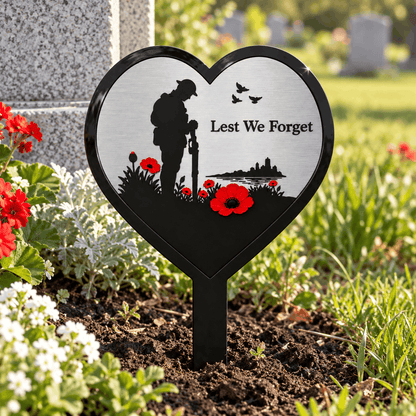 Silver Lest We Forget Heart Memorial Garden Plaque with Soldier, Poppies & Ground Spike