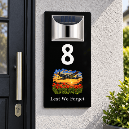 Personalised Solar House Number Sign – Lest We Forget or Your Own Image Spitfire