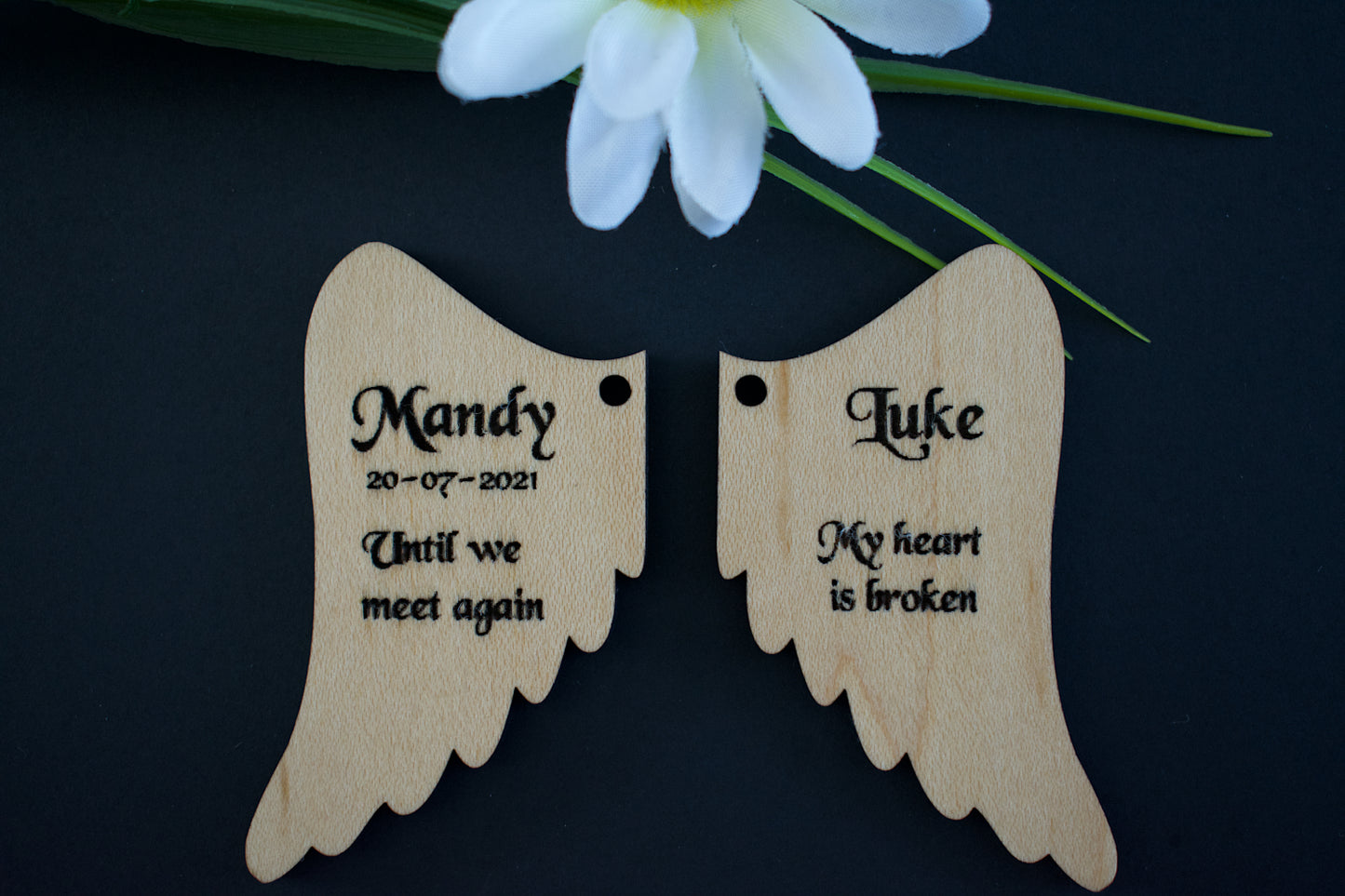 Memorial Angel Wings Maple Hardwood Veneer Personalised Keyring