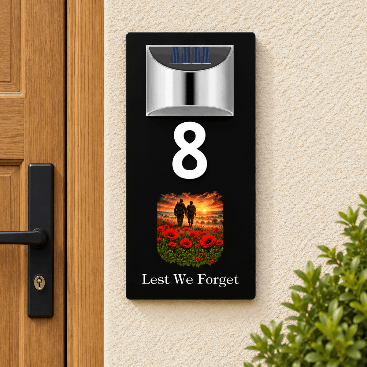Personalised Solar House Number Sign – Lest We Forget or Your Own Image Soliders