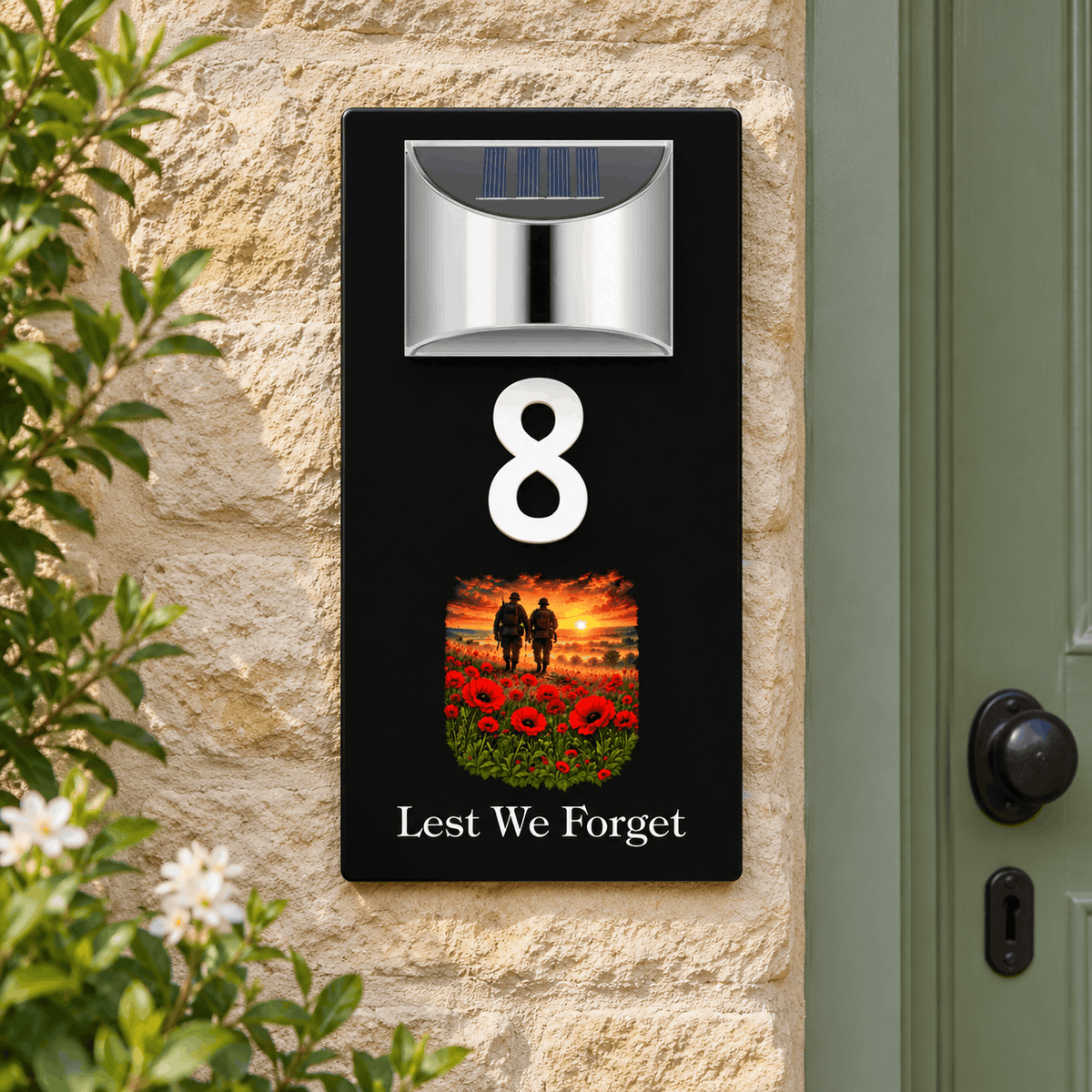 Personalised Solar House Number Sign – Lest We Forget or Your Own Image Soliders