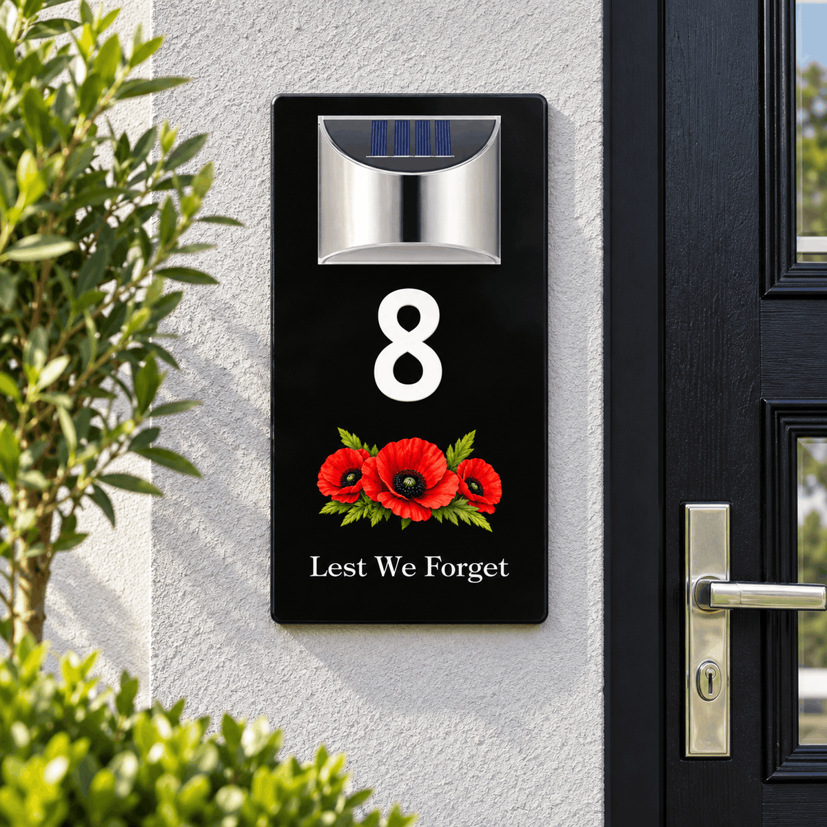 Personalised Solar House Number Sign – Lest We Forget or Your Own Image