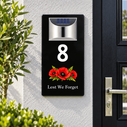 Personalised Solar House Number Sign – Lest We Forget or Your Own Image