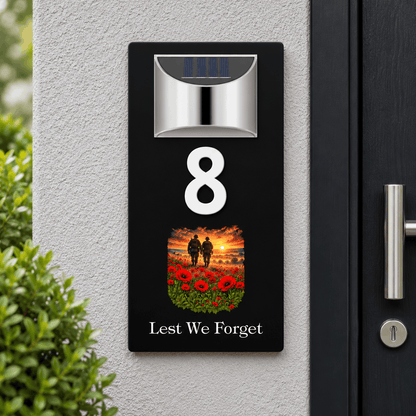 Personalised Solar House Number Sign – Lest We Forget or Your Own Image Soliders