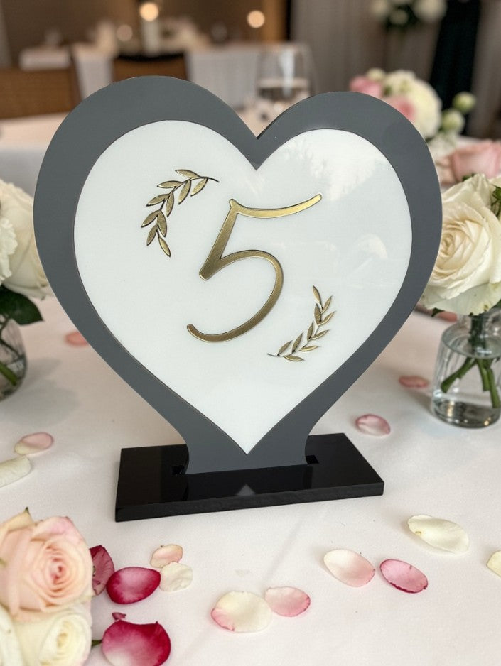 Personalised Wedding Table Sign Heart with Table Number, White