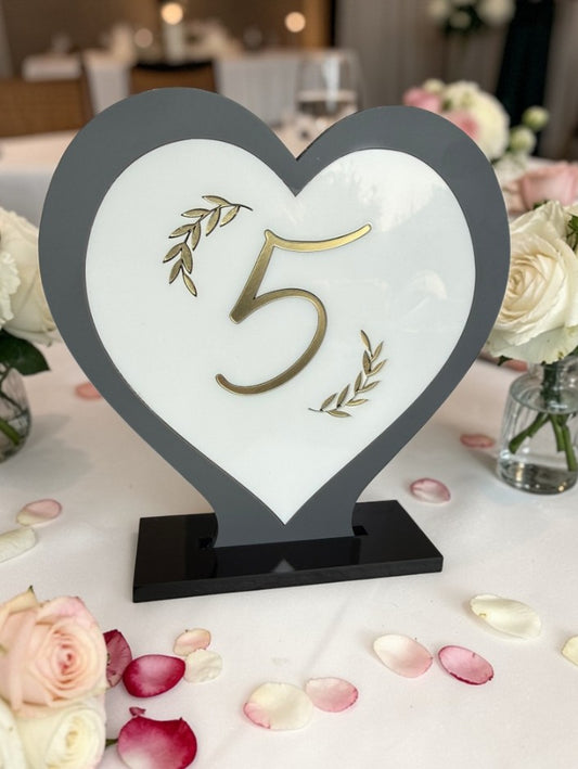 Personalised Wedding Table Sign Heart with Table Number, White