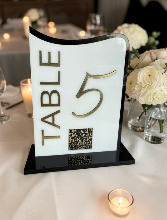 Personalised Wedding Table Sign & QR Stands with engraved text, White