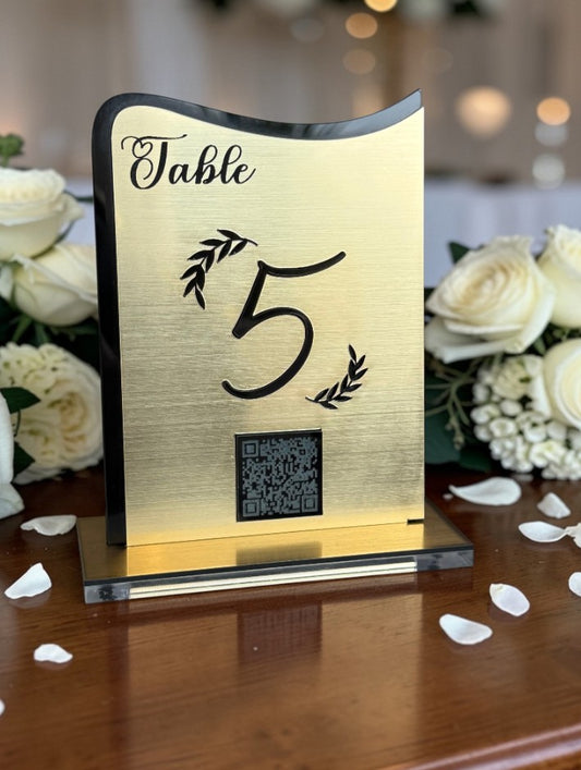 Personalised Wedding Table Sign & QR Stands with engraved text, gold