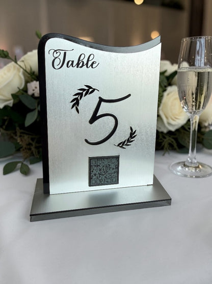 Personalised Wedding Table Sign & QR Stands with engraved text, Silver