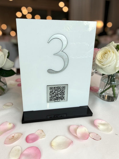 Personalised Wedding Table Sign & QR Stands with Table Number, White