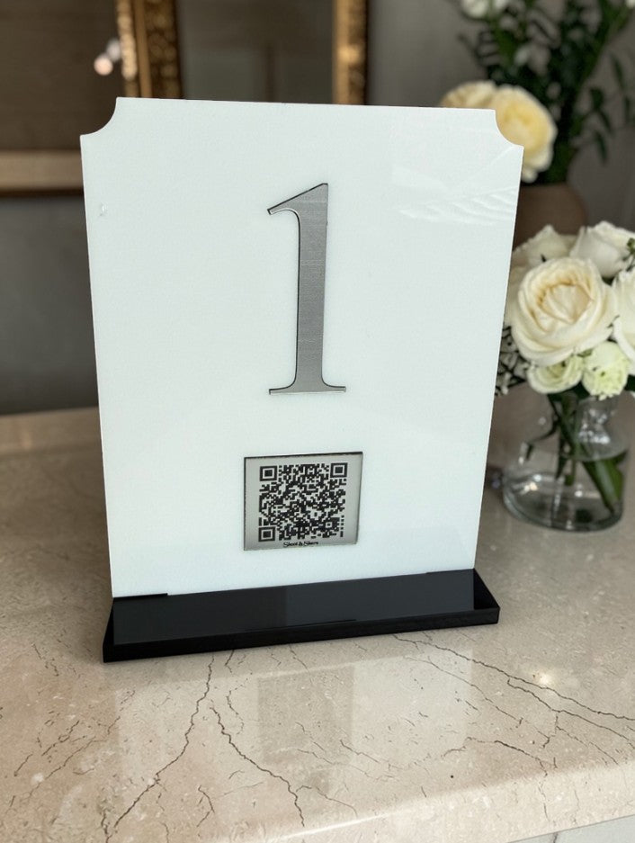 Personalised Wedding Table Sign & QR Stands with Table Number, White