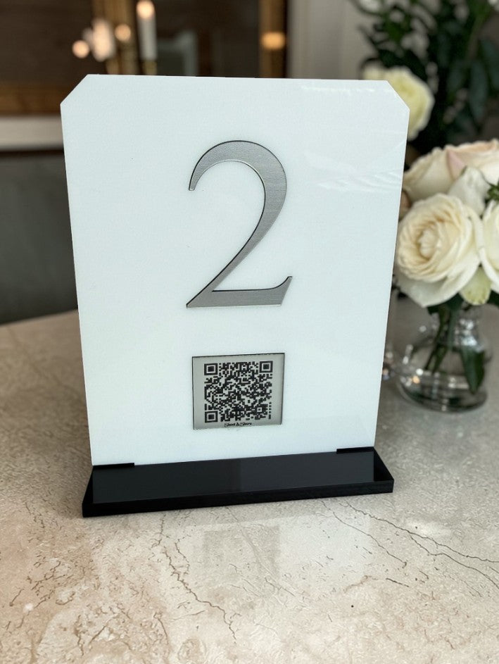 Personalised Wedding Table Sign & QR Stands with Table Number, White