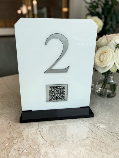 Personalised Wedding Table Sign & QR Stands with Table Number, White