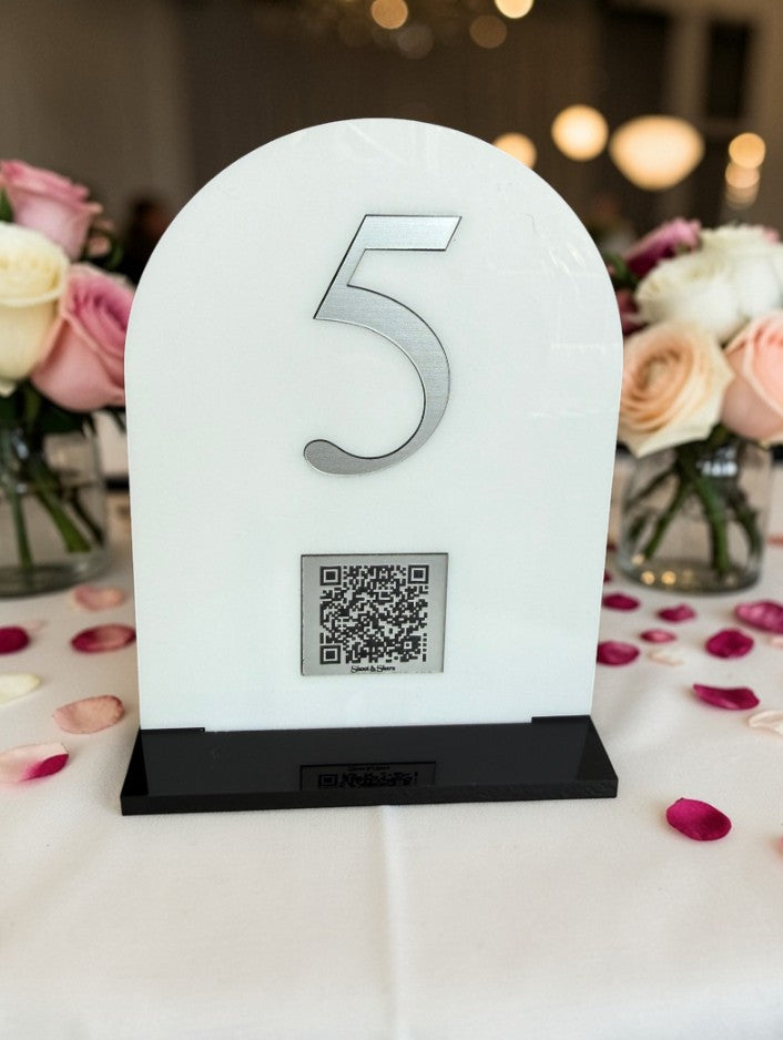 Personalised Wedding Table Sign & QR Stands with Table Number, White