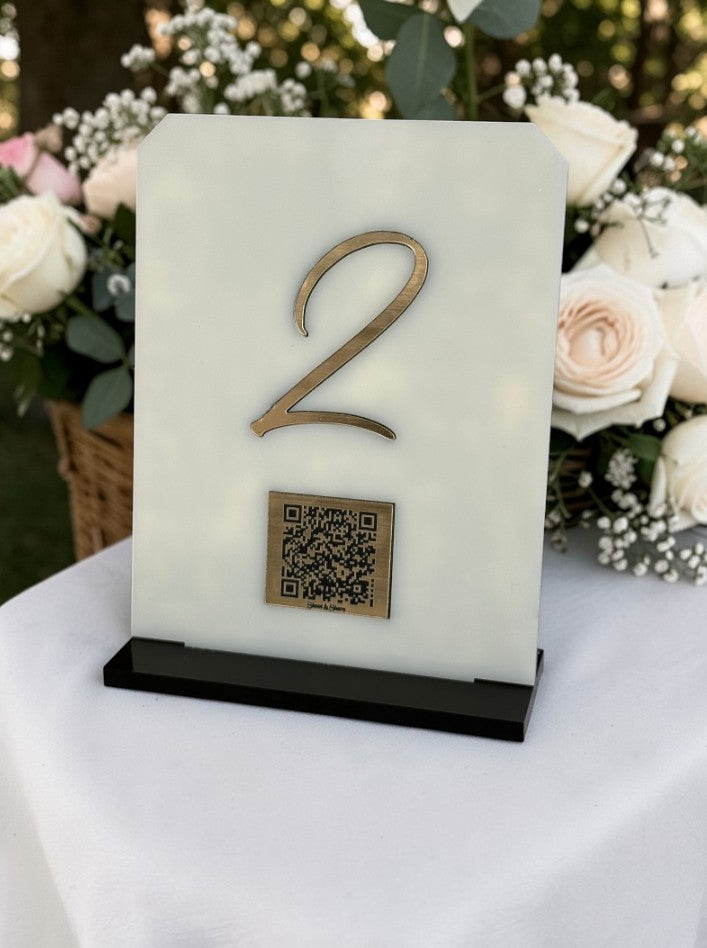 Personalised Wedding Table Sign & QR Stands with Table Number, Ivory