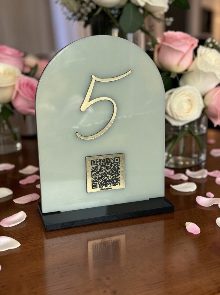 Personalised Wedding Table Sign & QR Stands with Table Number, Ivory