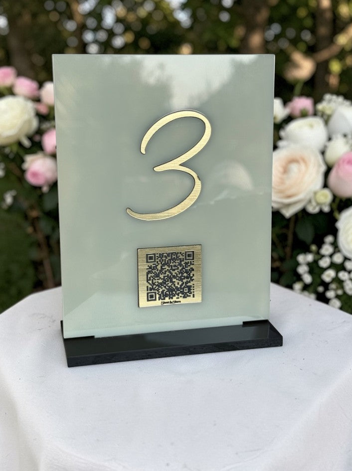 Personalised Wedding Table Sign & QR Stands with Table Number, Ivory