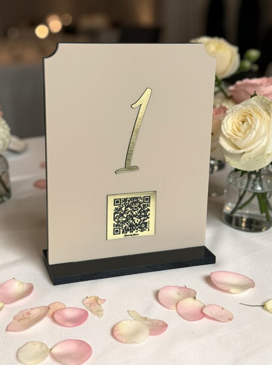 Personalised Wedding Table Sign & QR Stands with Table Number, Pastel