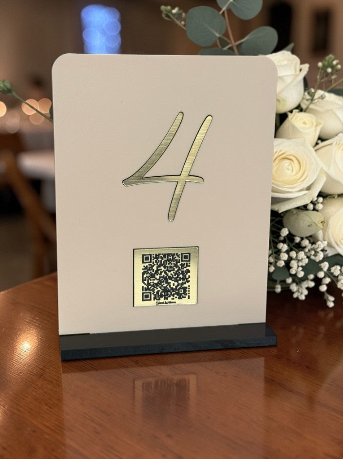 Personalised Wedding Table Sign & QR Stands with Table Number, Pastel