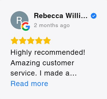 Five-star review with text and user profile on a white background