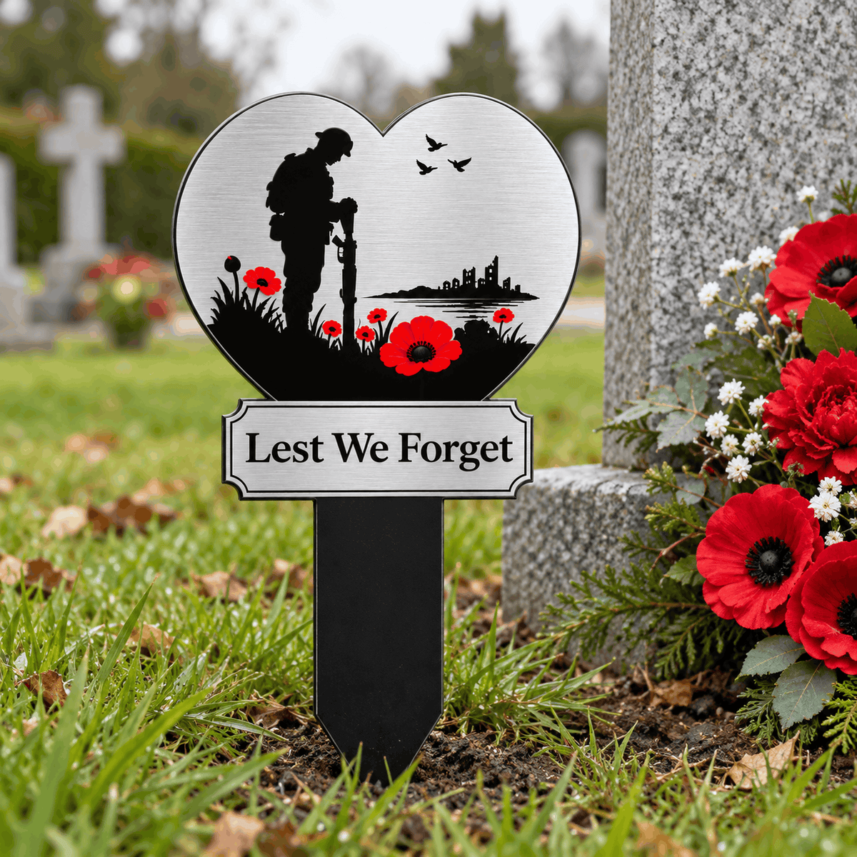 Lest We Forget Heart Memorial Plaque with Ground Spike – Soldier & Poppy Remembrance Design