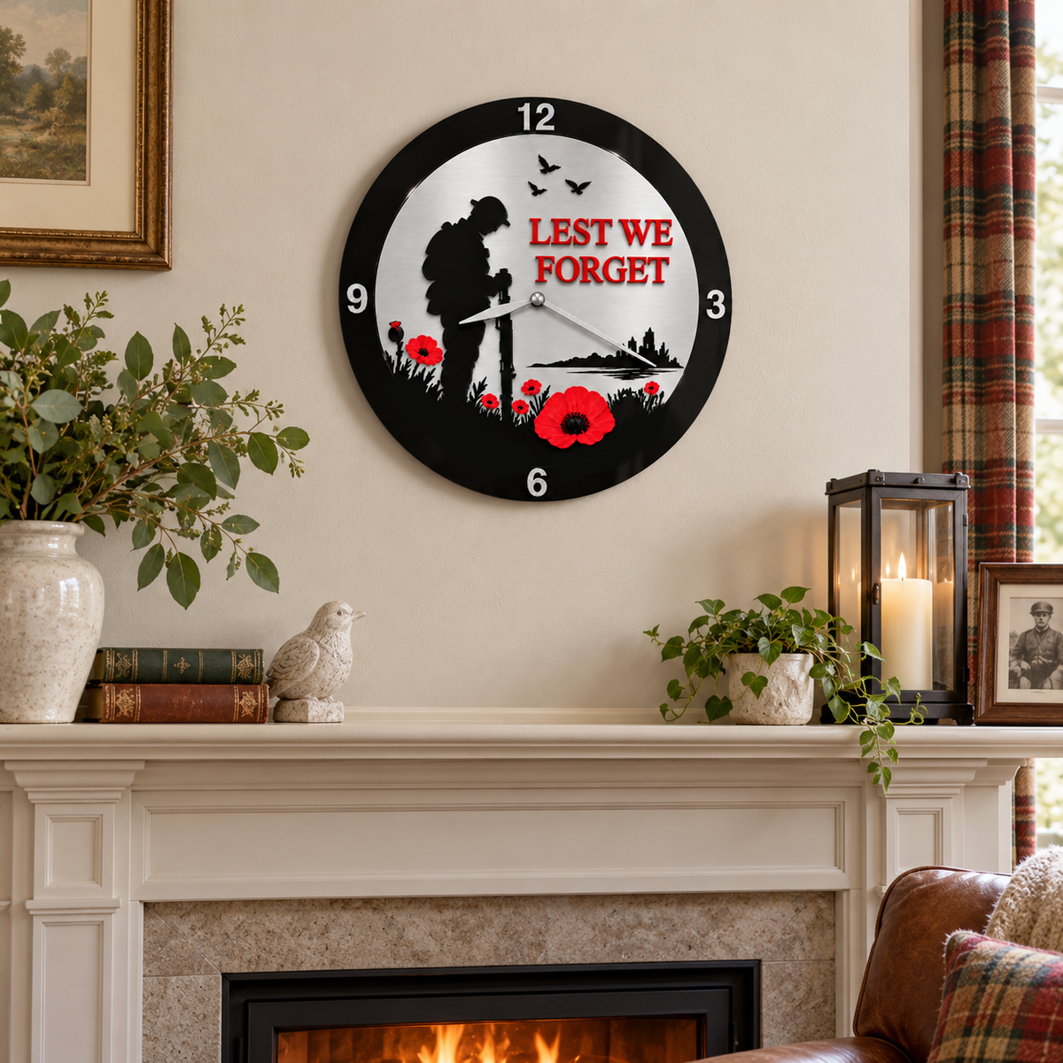 Lest We Forget Acrylic Poppy Remembrance Wall Clock 30cm Silver