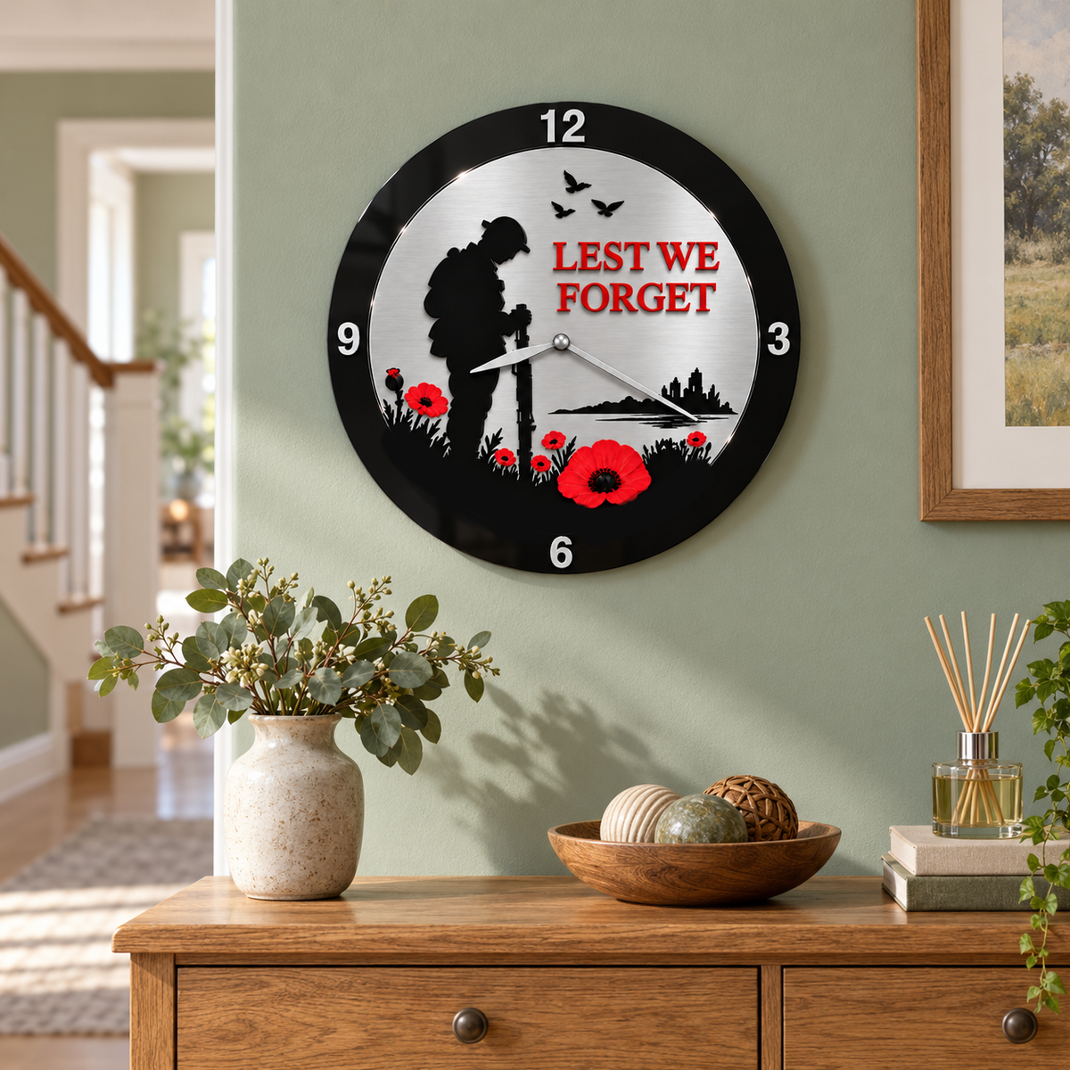 Lest We Forget Acrylic Poppy Remembrance Wall Clock 30cm Silver