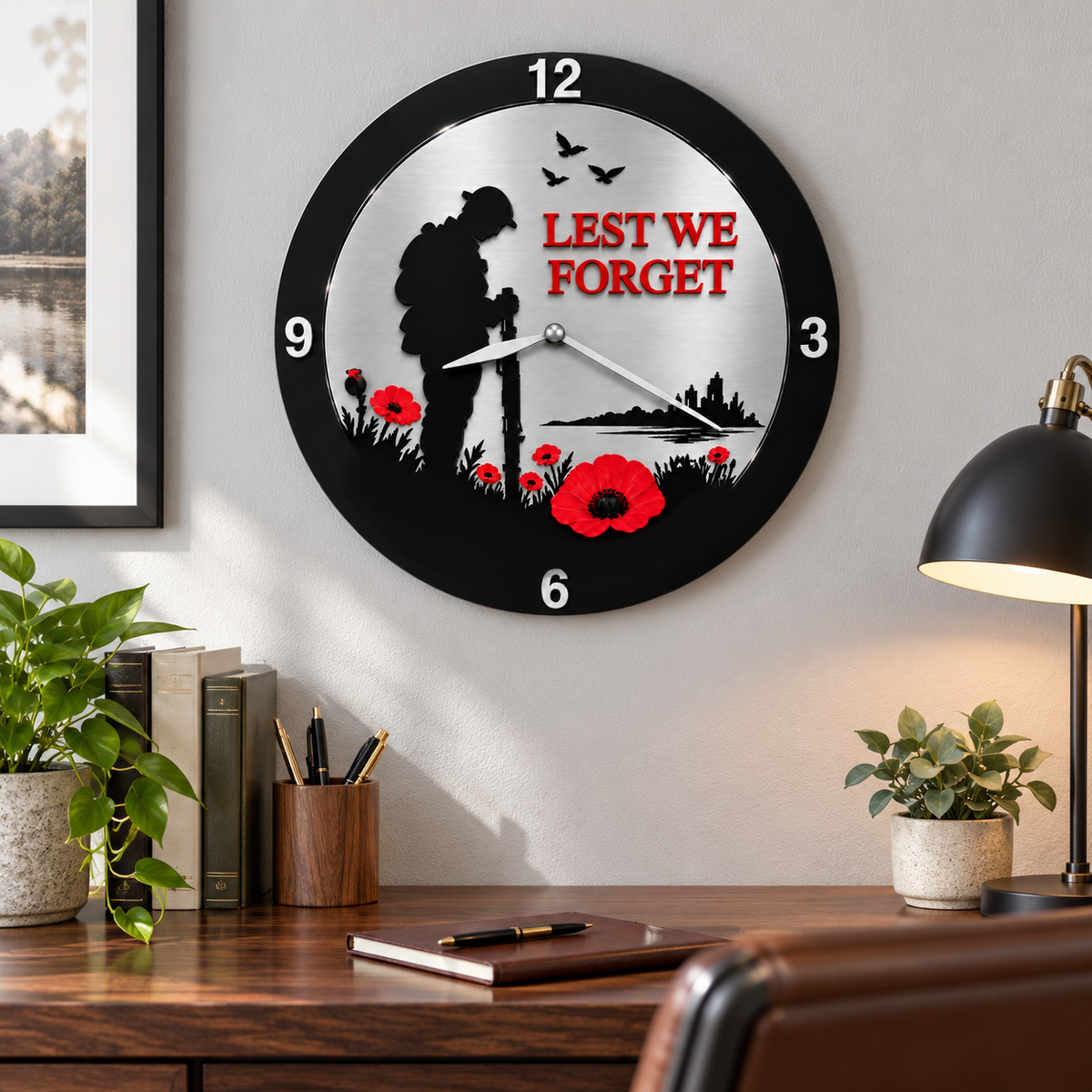 Lest We Forget Acrylic Poppy Remembrance Wall Clock 30cm Silver