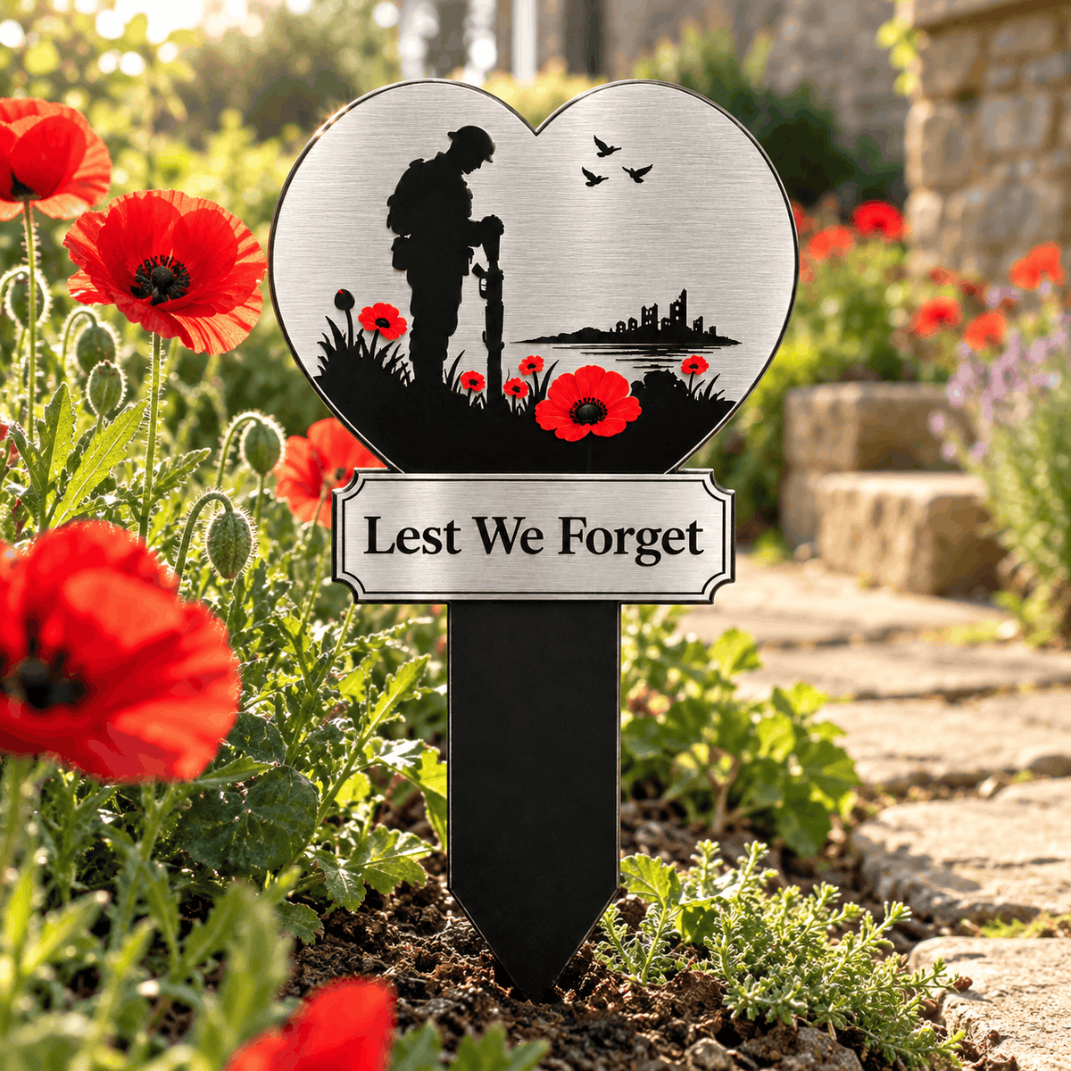 Lest We Forget Heart Memorial Plaque with Ground Spike – Soldier & Poppy Remembrance Design