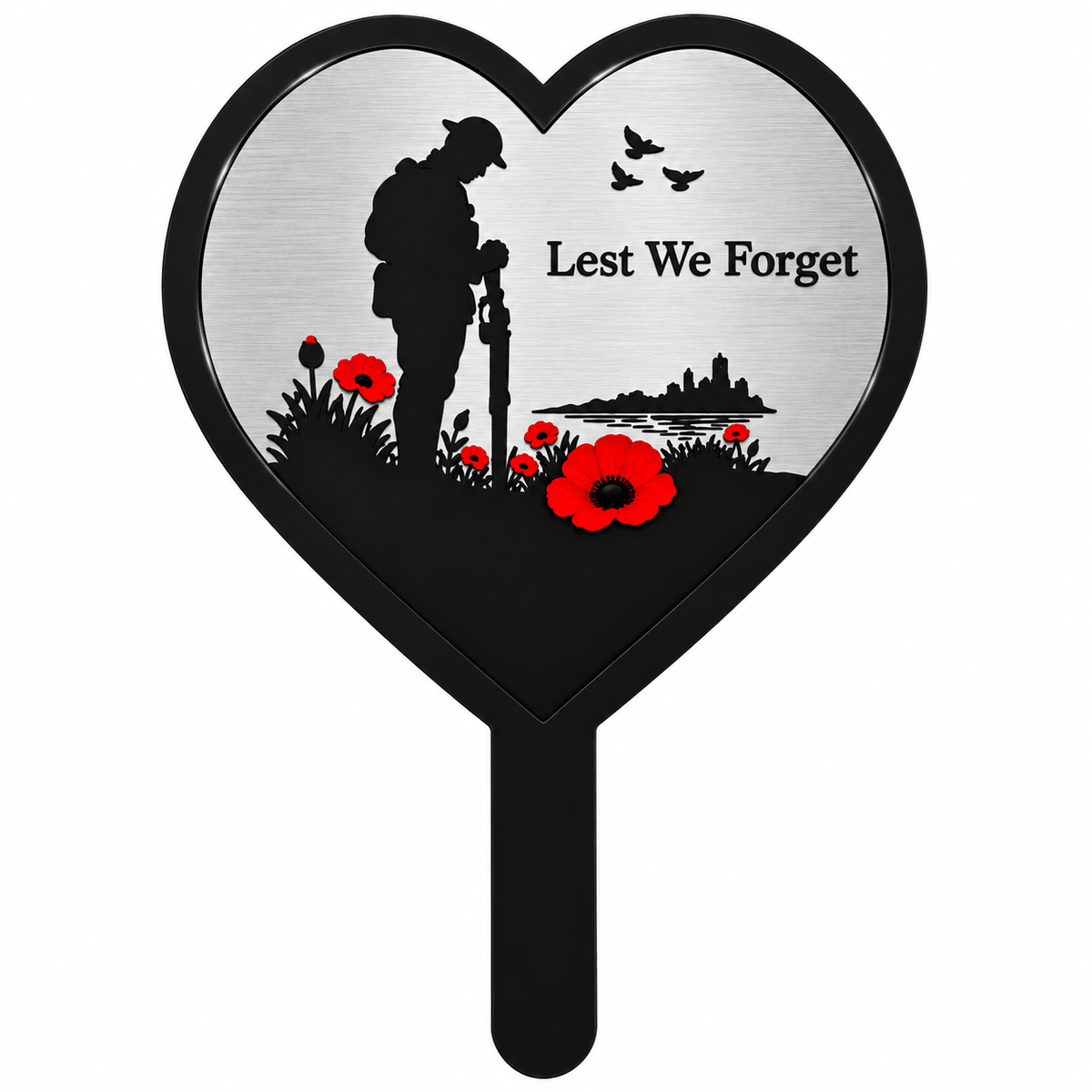Silver Lest We Forget Heart Memorial Garden Plaque with Soldier, Poppies & Ground Spike