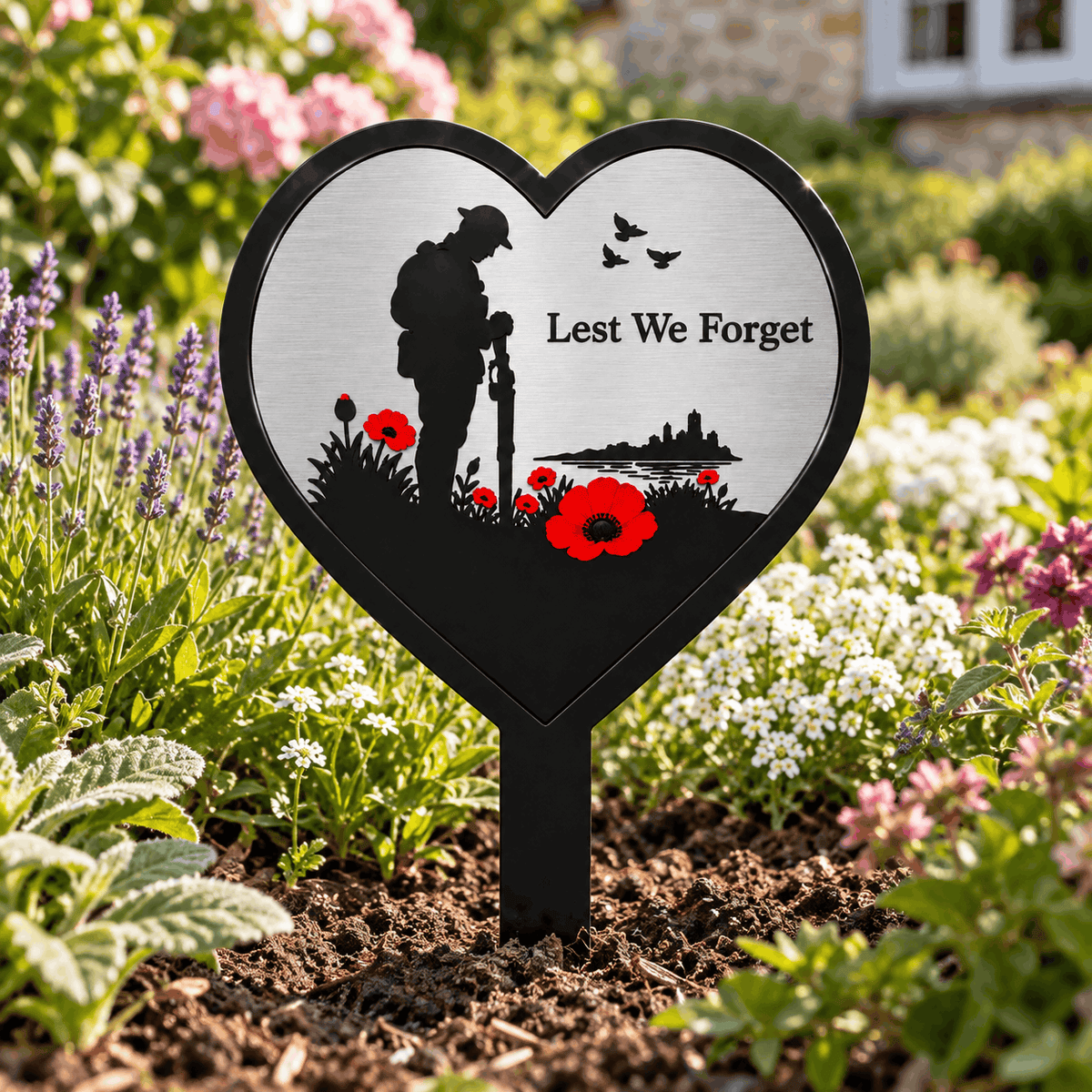 Silver Lest We Forget Heart Memorial Garden Plaque with Soldier, Poppies & Ground Spike