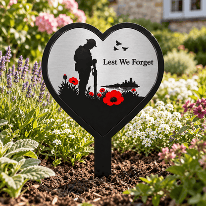 Silver Lest We Forget Heart Memorial Garden Plaque with Soldier, Poppies & Ground Spike