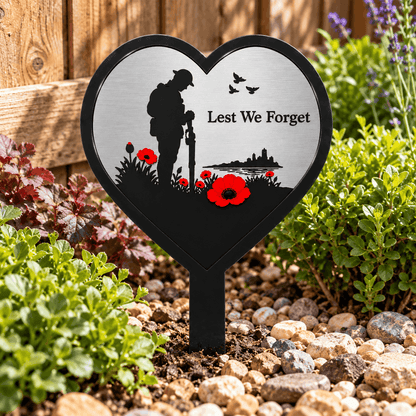 Silver Lest We Forget Heart Memorial Garden Plaque with Soldier, Poppies & Ground Spike