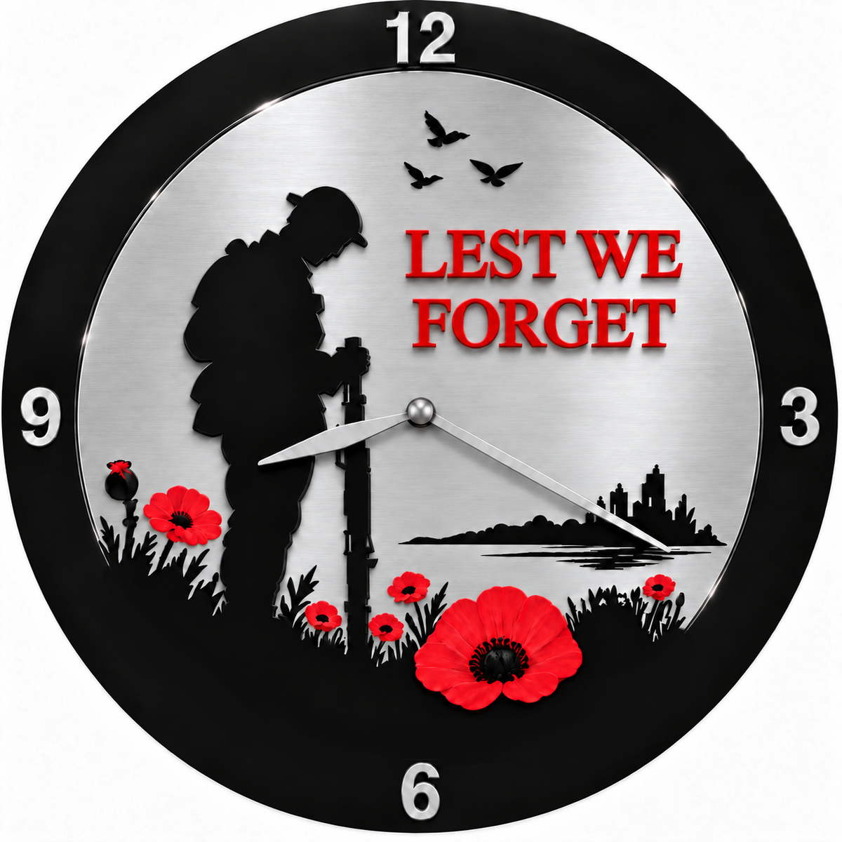 Lest We Forget Acrylic Poppy Remembrance Wall Clock 30cm Silver