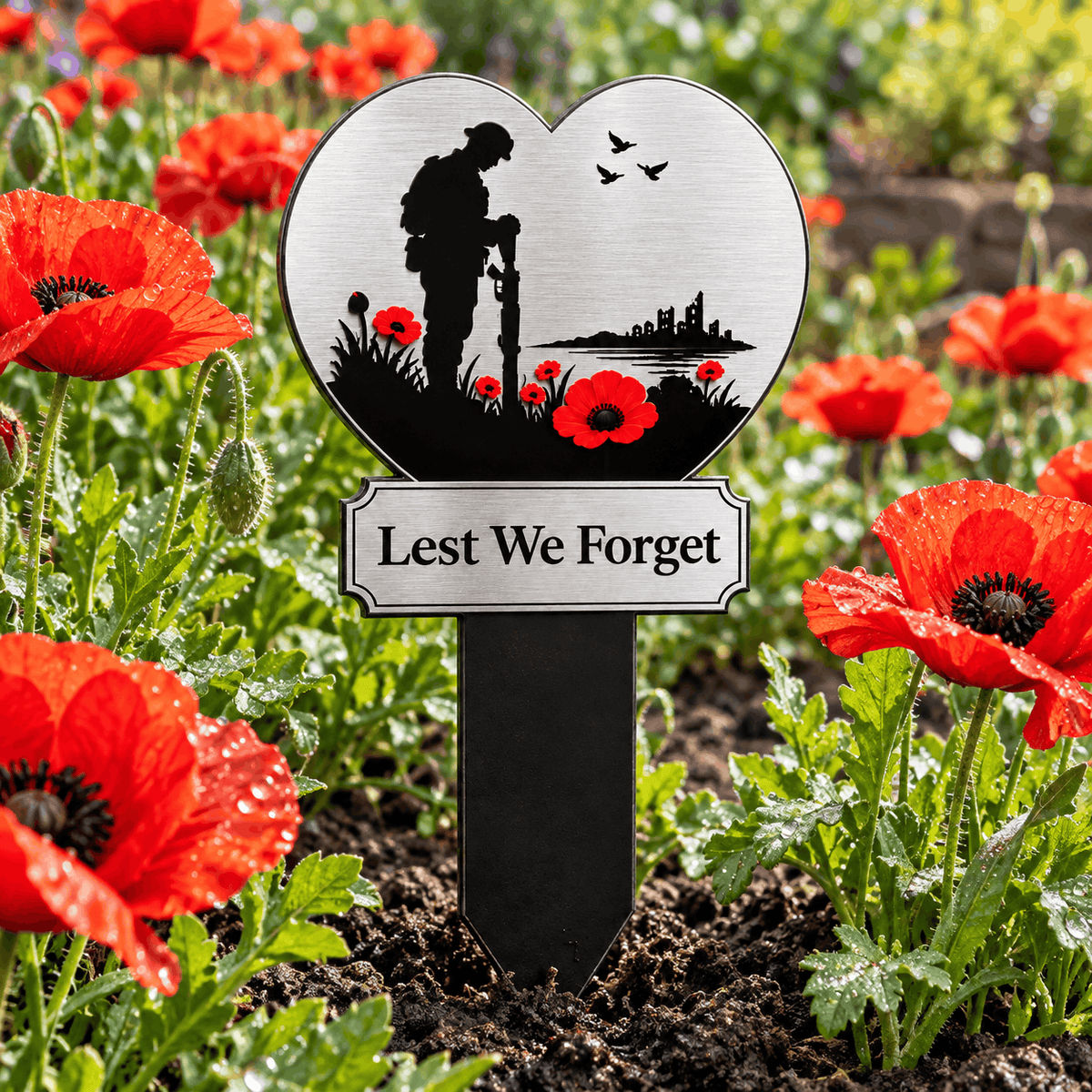 Lest We Forget Heart Memorial Plaque with Ground Spike – Soldier & Poppy Remembrance Design