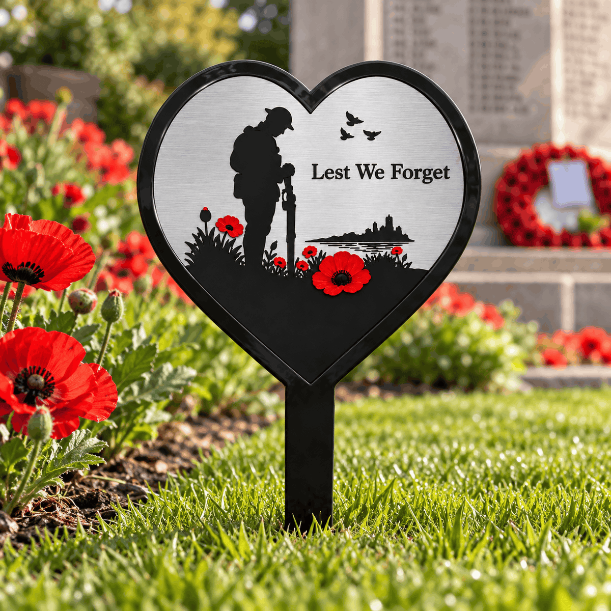 Silver Lest We Forget Heart Memorial Garden Plaque with Soldier, Poppies & Ground Spike