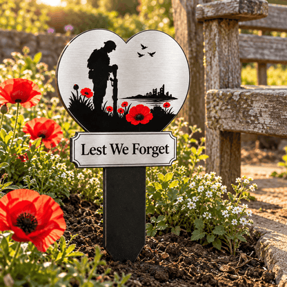 Lest We Forget Heart Memorial Plaque with Ground Spike – Soldier & Poppy Remembrance Design