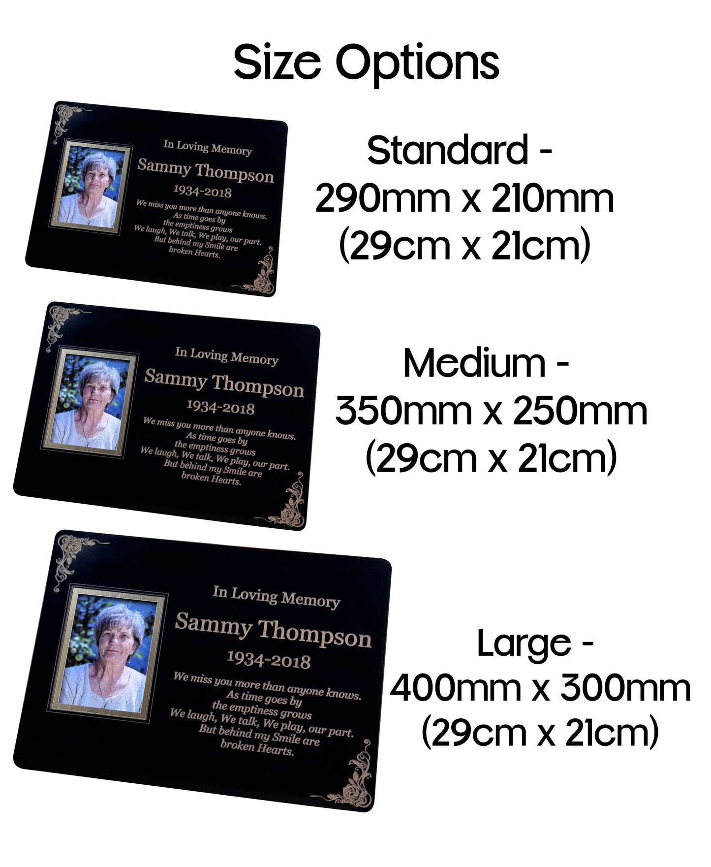 Personalised Memorial Photo Plaque, 29x21cm Engraved Grave Marker, with Gold Wording, Satin Black, with base stand