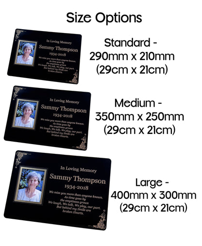 Personalised Memorial Photo Plaque, 29x21cm Engraved Grave Marker, with Gold Wording, Satin Black, with base stand
