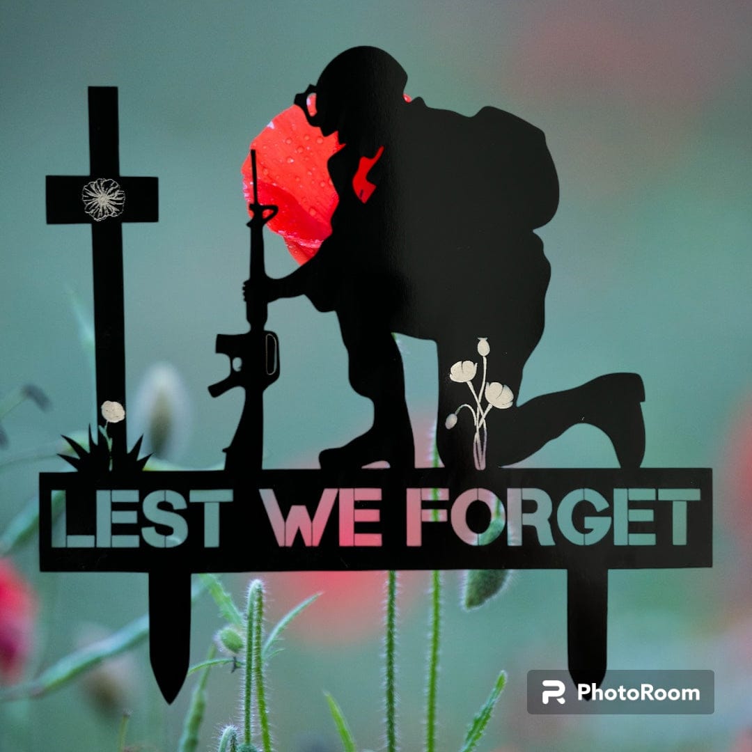 Remembrance Day Memorial Black Acrylic Gloss Lest we forget soldier garden grave marker spike