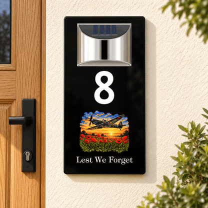 Personalised Solar House Number Sign – Lest We Forget or Your Own Image Spitfire