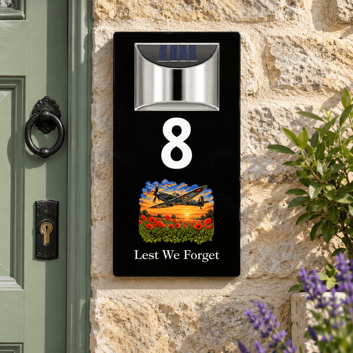 Personalised Solar House Number Sign – Lest We Forget or Your Own Image Spitfire