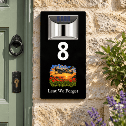 Personalised Solar House Number Sign – Lest We Forget or Your Own Image Spitfire