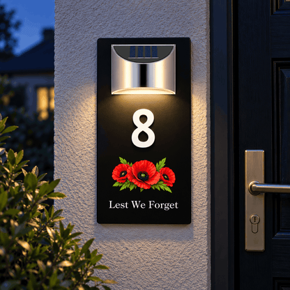 Personalised Solar House Number Sign – Lest We Forget or Your Own Image