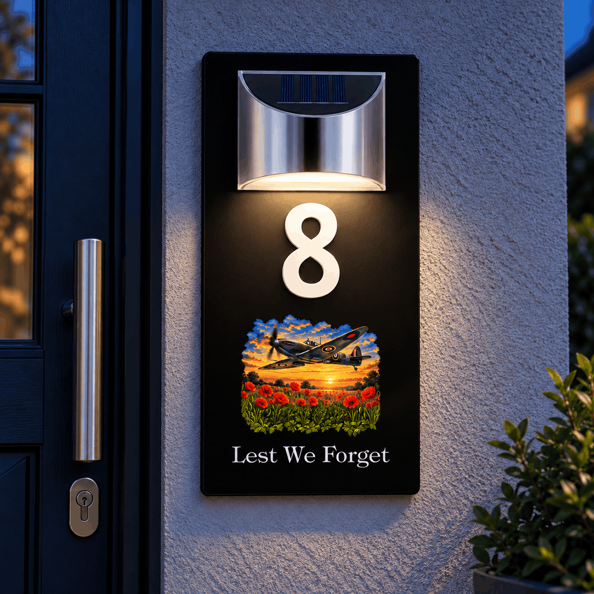 Personalised Solar House Number Sign – Lest We Forget or Your Own Image Spitfire