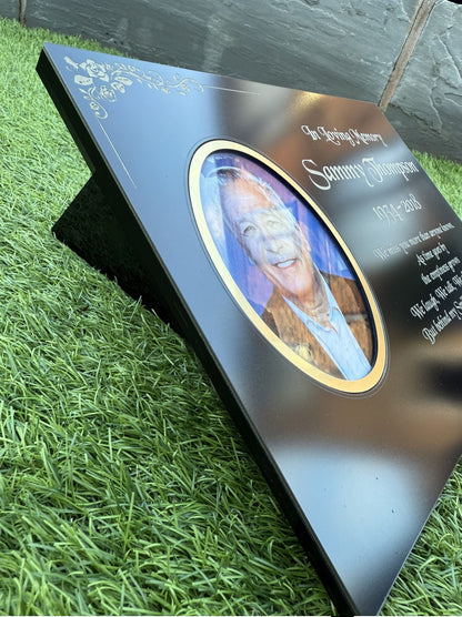 Personalised Memorial Plaque, 29x21cm Engraved Grave Marker, with Gold Wording, Satin Black, with base stand